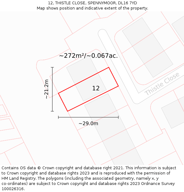 12, THISTLE CLOSE, SPENNYMOOR, DL16 7YD: Plot and title map