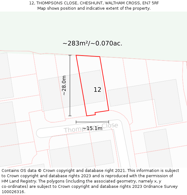 12, THOMPSONS CLOSE, CHESHUNT, WALTHAM CROSS, EN7 5RF: Plot and title map