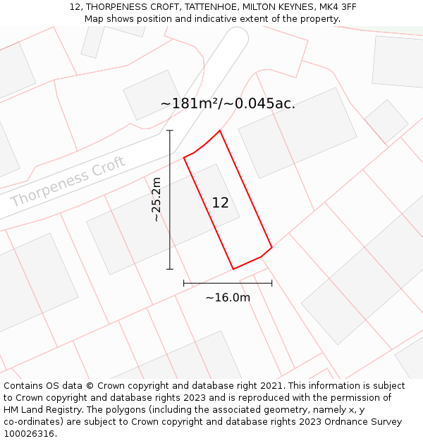 12, THORPENESS CROFT, TATTENHOE, MILTON KEYNES, MK4 3FF: Plot and title map