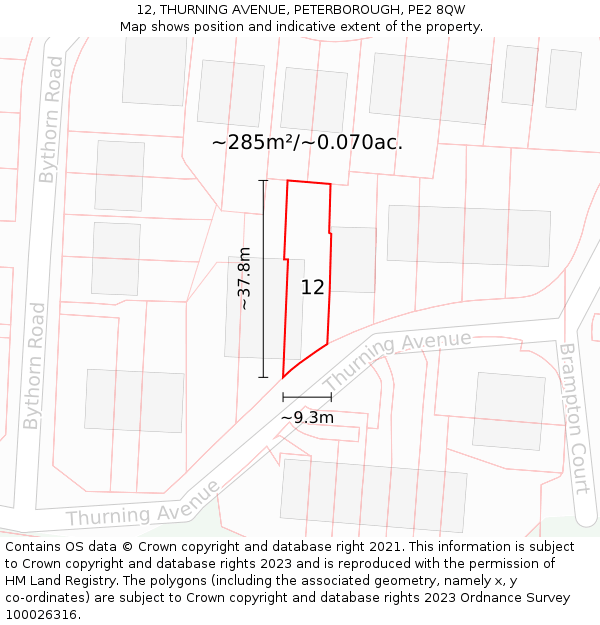 12, THURNING AVENUE, PETERBOROUGH, PE2 8QW: Plot and title map