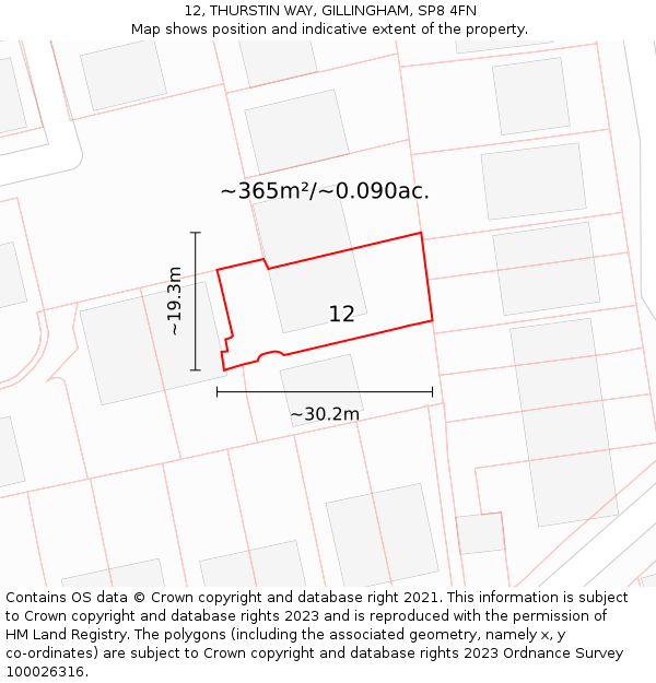 12, THURSTIN WAY, GILLINGHAM, SP8 4FN: Plot and title map