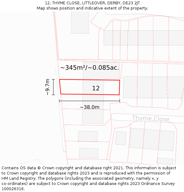12, THYME CLOSE, LITTLEOVER, DERBY, DE23 2JT: Plot and title map