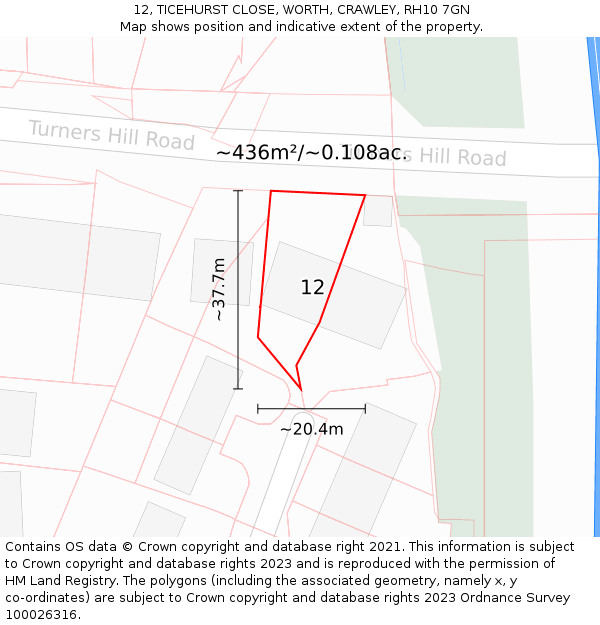 12, TICEHURST CLOSE, WORTH, CRAWLEY, RH10 7GN: Plot and title map