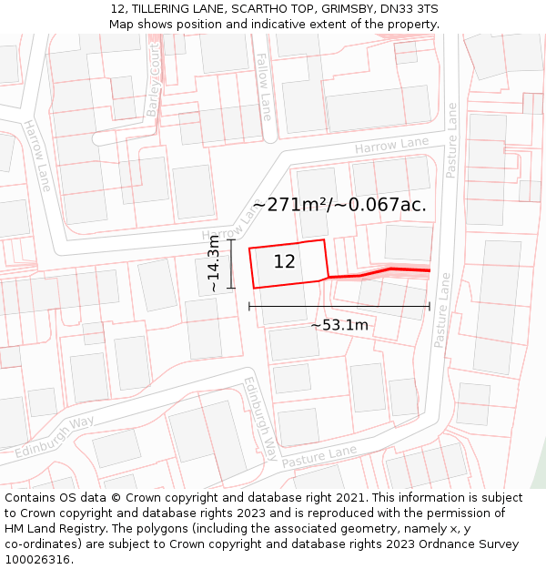 12, TILLERING LANE, SCARTHO TOP, GRIMSBY, DN33 3TS: Plot and title map