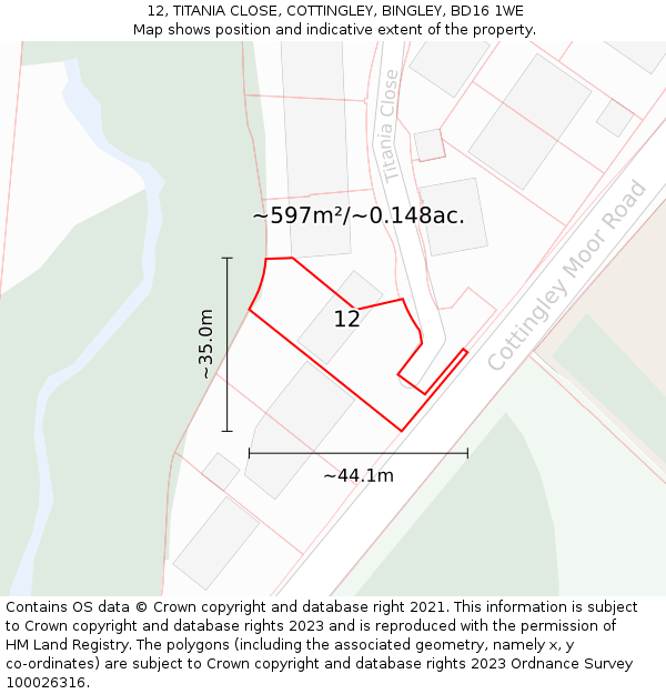 12, TITANIA CLOSE, COTTINGLEY, BINGLEY, BD16 1WE: Plot and title map