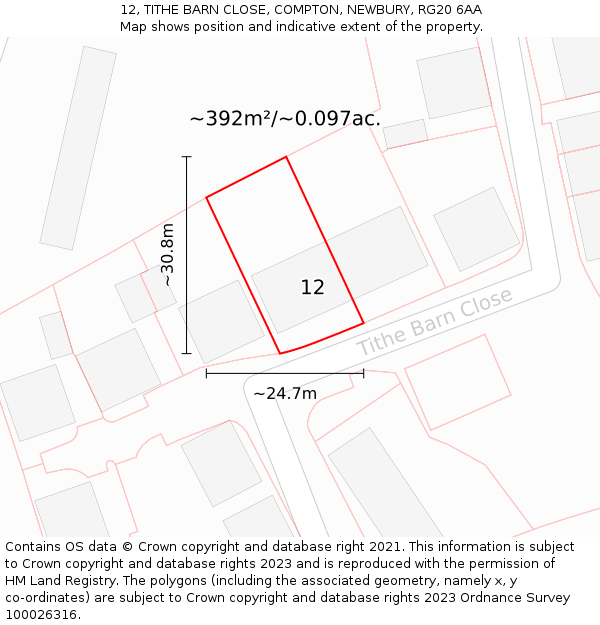 12, TITHE BARN CLOSE, COMPTON, NEWBURY, RG20 6AA: Plot and title map