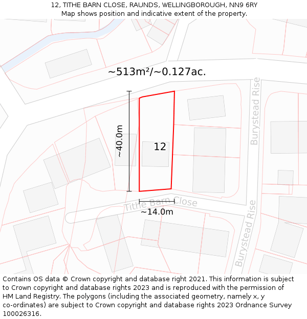 12, TITHE BARN CLOSE, RAUNDS, WELLINGBOROUGH, NN9 6RY: Plot and title map