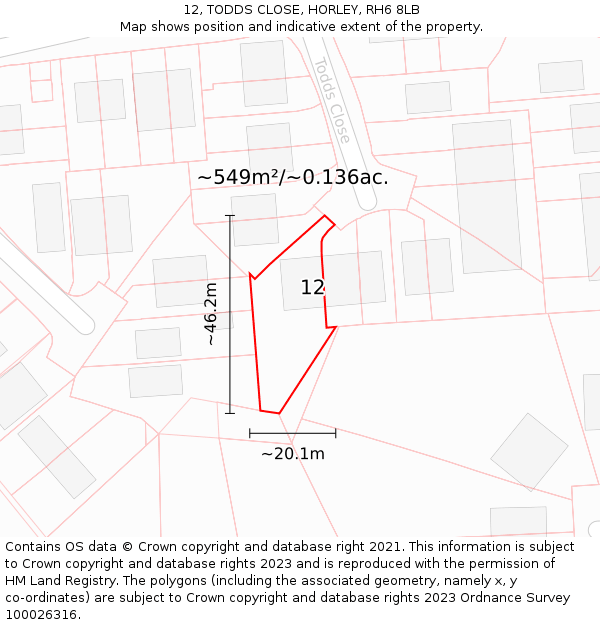 12, TODDS CLOSE, HORLEY, RH6 8LB: Plot and title map