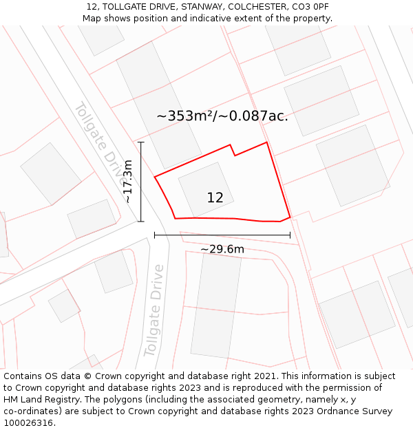 12, TOLLGATE DRIVE, STANWAY, COLCHESTER, CO3 0PF: Plot and title map