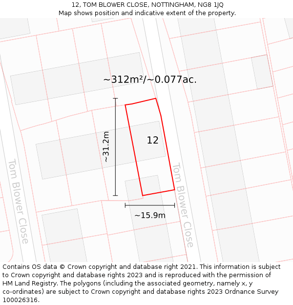 12, TOM BLOWER CLOSE, NOTTINGHAM, NG8 1JQ: Plot and title map