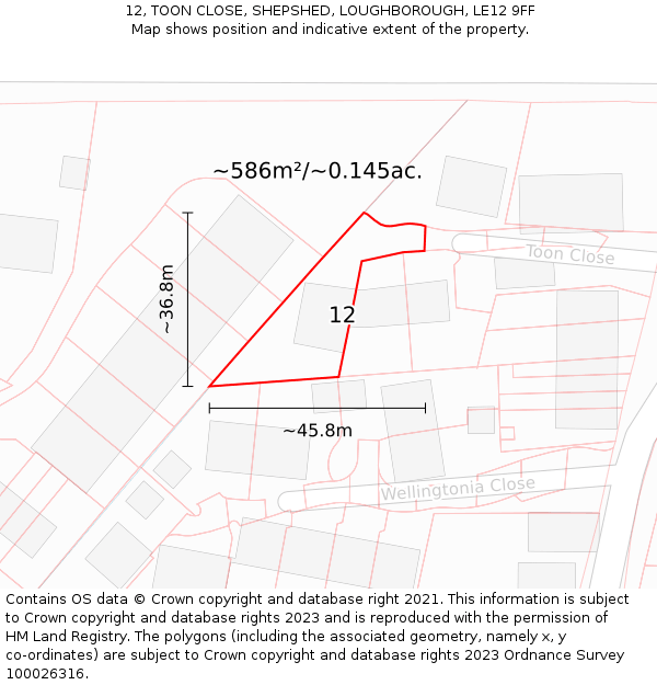 12, TOON CLOSE, SHEPSHED, LOUGHBOROUGH, LE12 9FF: Plot and title map