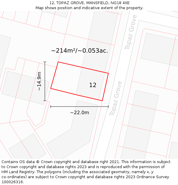 12, TOPAZ GROVE, MANSFIELD, NG18 4XE: Plot and title map