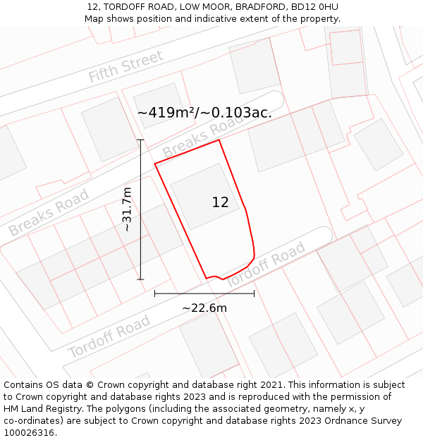 12, TORDOFF ROAD, LOW MOOR, BRADFORD, BD12 0HU: Plot and title map