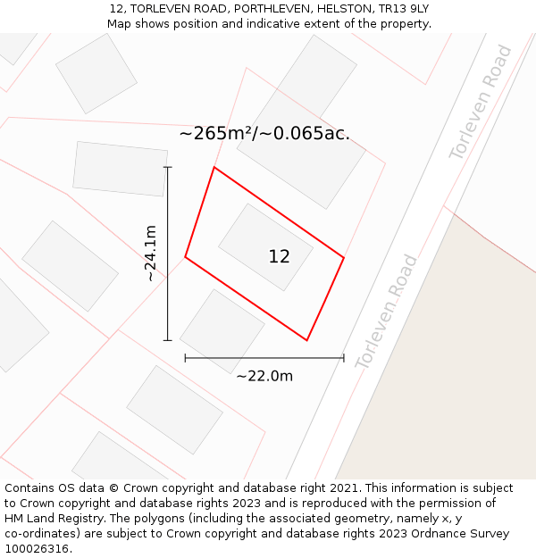 12, TORLEVEN ROAD, PORTHLEVEN, HELSTON, TR13 9LY: Plot and title map