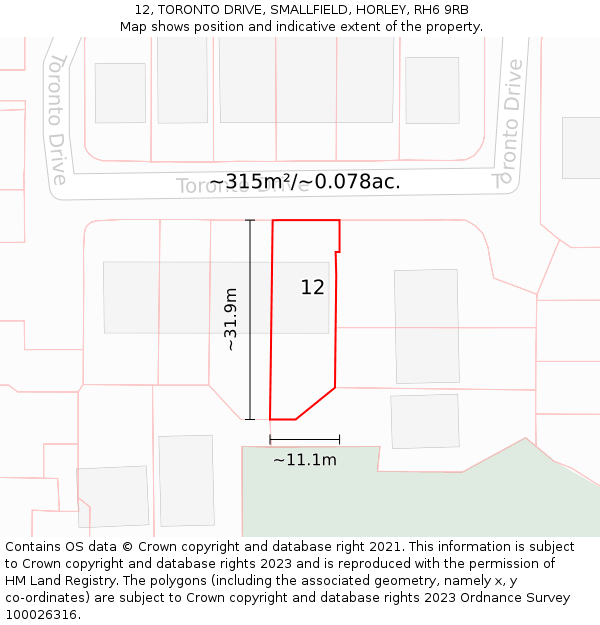 12, TORONTO DRIVE, SMALLFIELD, HORLEY, RH6 9RB: Plot and title map