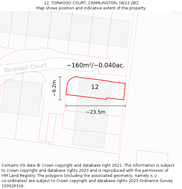 12, TORWOOD COURT, CRAMLINGTON, NE23 2BZ: Plot and title map
