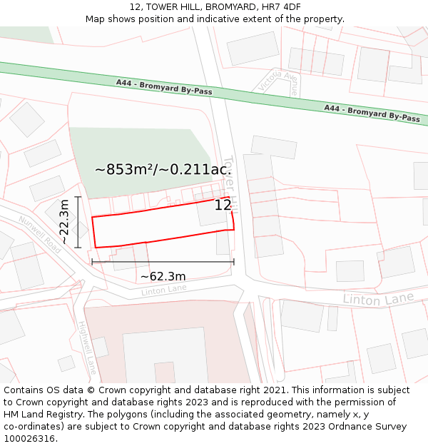 12, TOWER HILL, BROMYARD, HR7 4DF: Plot and title map