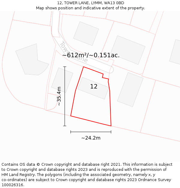 12, TOWER LANE, LYMM, WA13 0BD: Plot and title map