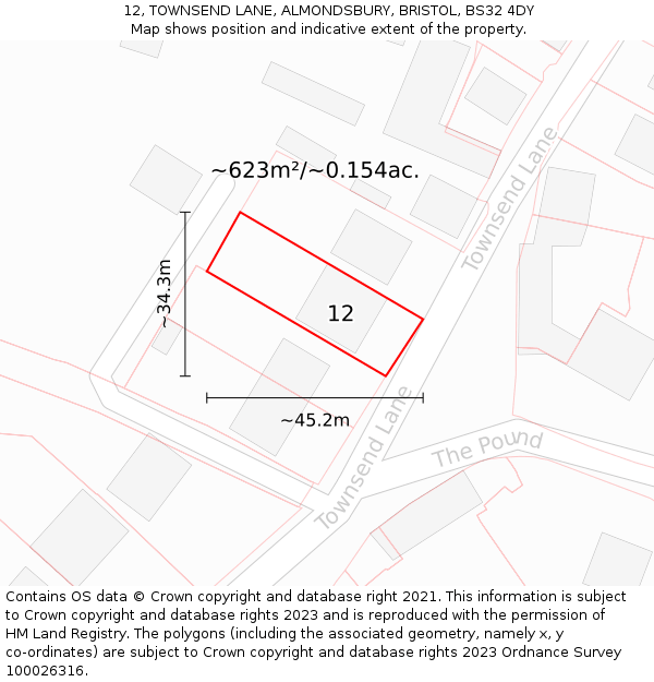 12, TOWNSEND LANE, ALMONDSBURY, BRISTOL, BS32 4DY: Plot and title map