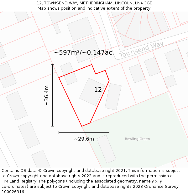 12, TOWNSEND WAY, METHERINGHAM, LINCOLN, LN4 3GB: Plot and title map