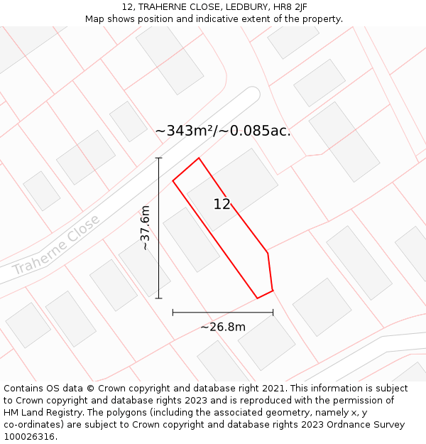 12, TRAHERNE CLOSE, LEDBURY, HR8 2JF: Plot and title map