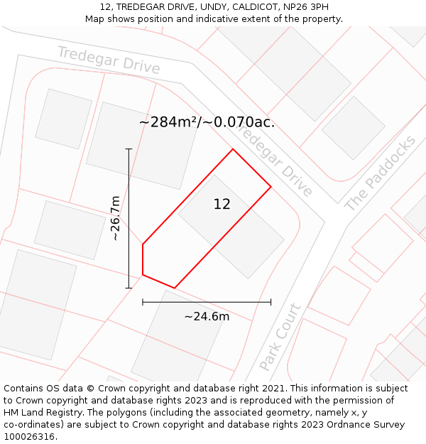 12, TREDEGAR DRIVE, UNDY, CALDICOT, NP26 3PH: Plot and title map