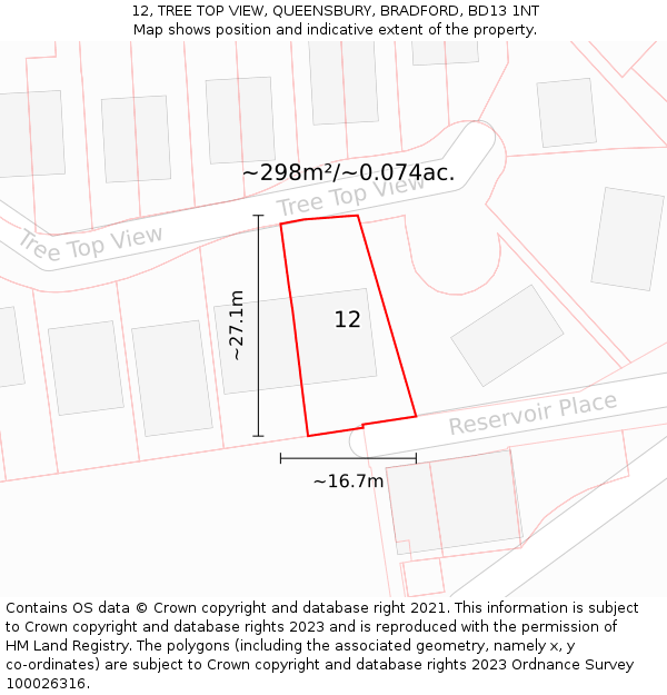 12, TREE TOP VIEW, QUEENSBURY, BRADFORD, BD13 1NT: Plot and title map