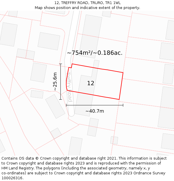 12, TREFFRY ROAD, TRURO, TR1 1WL: Plot and title map
