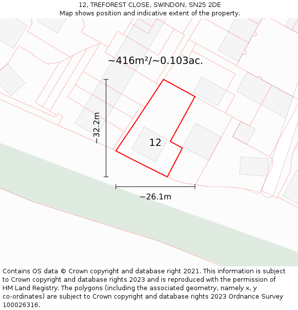 12, TREFOREST CLOSE, SWINDON, SN25 2DE: Plot and title map