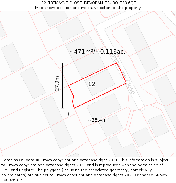 12, TREMAYNE CLOSE, DEVORAN, TRURO, TR3 6QE: Plot and title map