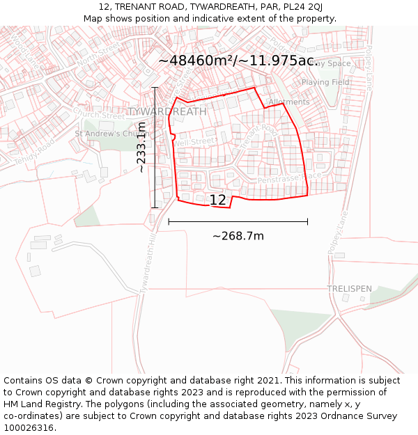 12, TRENANT ROAD, TYWARDREATH, PAR, PL24 2QJ: Plot and title map
