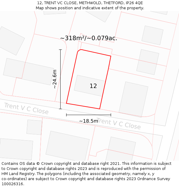 12, TRENT VC CLOSE, METHWOLD, THETFORD, IP26 4QE: Plot and title map