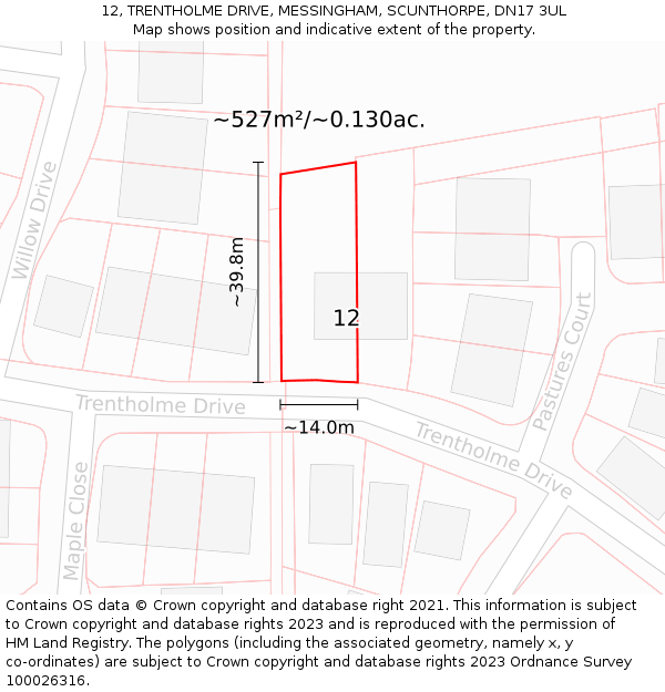 12, TRENTHOLME DRIVE, MESSINGHAM, SCUNTHORPE, DN17 3UL: Plot and title map