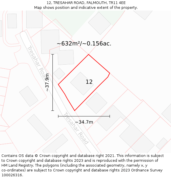 12, TRESAHAR ROAD, FALMOUTH, TR11 4EE: Plot and title map