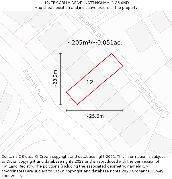 12, TRICORNIA DRIVE, NOTTINGHAM, NG6 0ND: Plot and title map