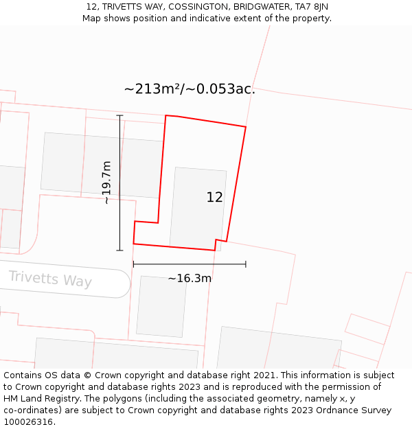 12, TRIVETTS WAY, COSSINGTON, BRIDGWATER, TA7 8JN: Plot and title map