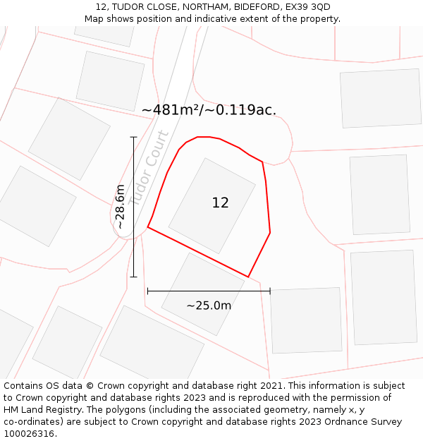 12, TUDOR CLOSE, NORTHAM, BIDEFORD, EX39 3QD: Plot and title map