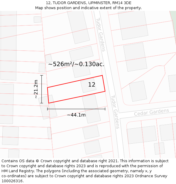 12, TUDOR GARDENS, UPMINSTER, RM14 3DE: Plot and title map