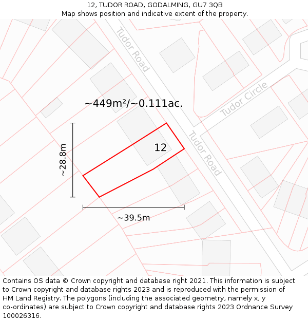 12, TUDOR ROAD, GODALMING, GU7 3QB: Plot and title map