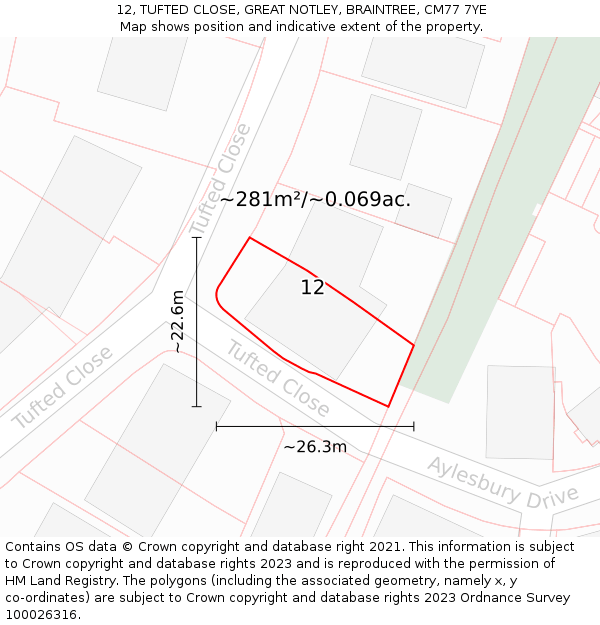 12, TUFTED CLOSE, GREAT NOTLEY, BRAINTREE, CM77 7YE: Plot and title map