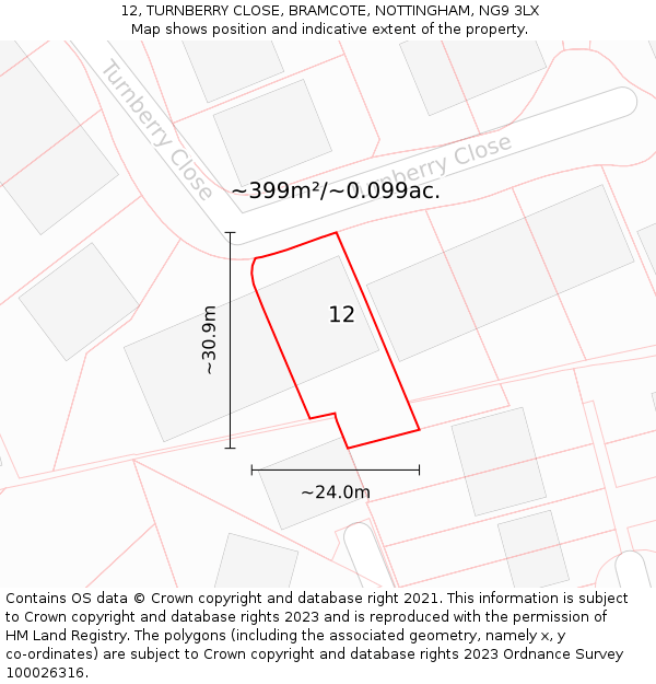 12, TURNBERRY CLOSE, BRAMCOTE, NOTTINGHAM, NG9 3LX: Plot and title map