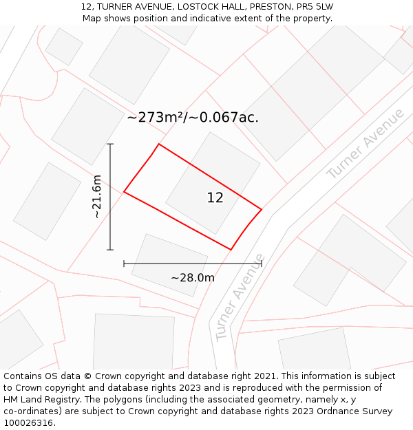 12, TURNER AVENUE, LOSTOCK HALL, PRESTON, PR5 5LW: Plot and title map