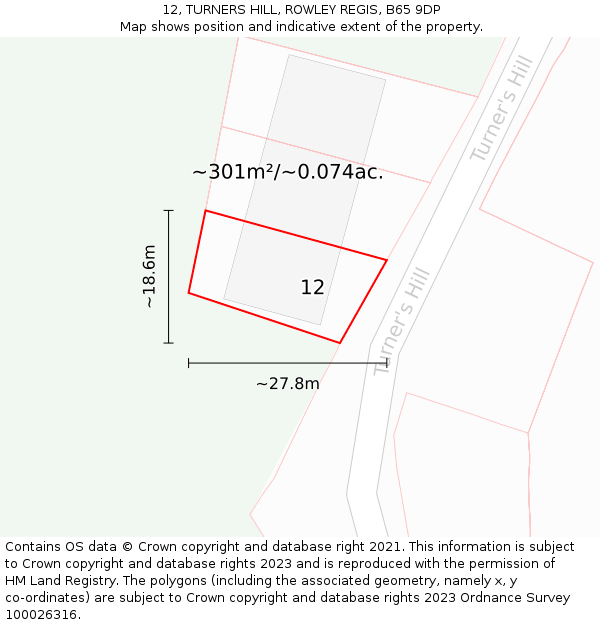 12, TURNERS HILL, ROWLEY REGIS, B65 9DP: Plot and title map