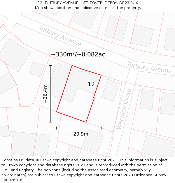12, TUTBURY AVENUE, LITTLEOVER, DERBY, DE23 3UX: Plot and title map