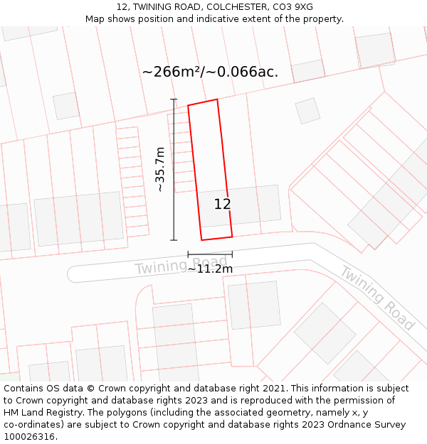 12, TWINING ROAD, COLCHESTER, CO3 9XG: Plot and title map