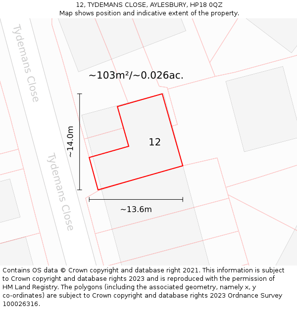 12, TYDEMANS CLOSE, AYLESBURY, HP18 0QZ: Plot and title map