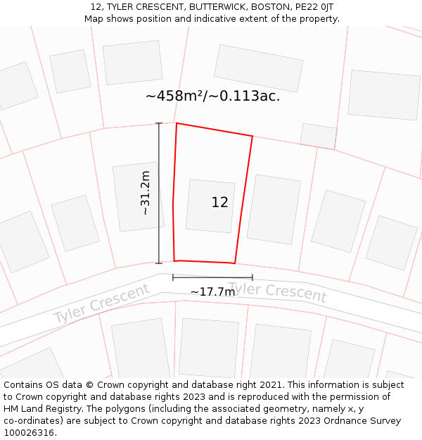 12, TYLER CRESCENT, BUTTERWICK, BOSTON, PE22 0JT: Plot and title map