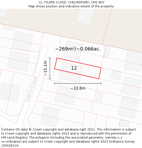 12, TYLERS CLOSE, CHELMSFORD, CM2 9DY: Plot and title map