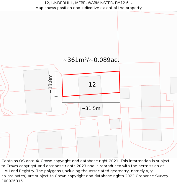 12, UNDERHILL, MERE, WARMINSTER, BA12 6LU: Plot and title map