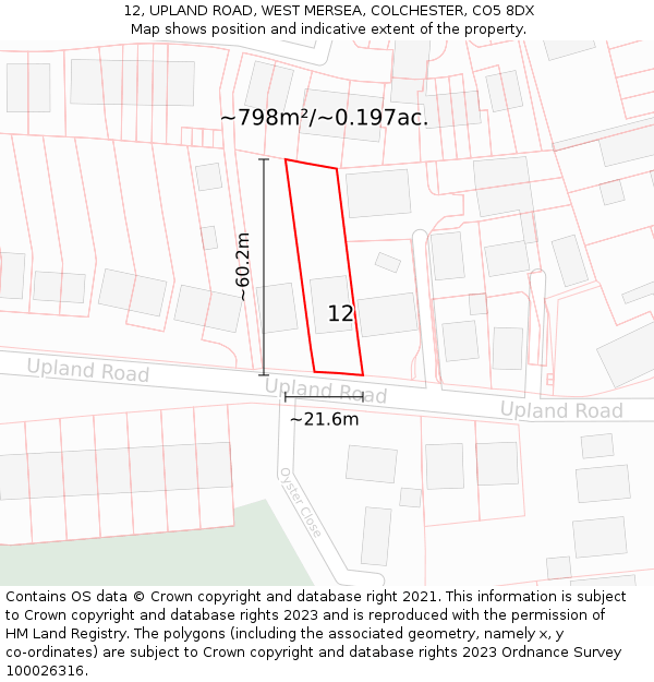 12, UPLAND ROAD, WEST MERSEA, COLCHESTER, CO5 8DX: Plot and title map
